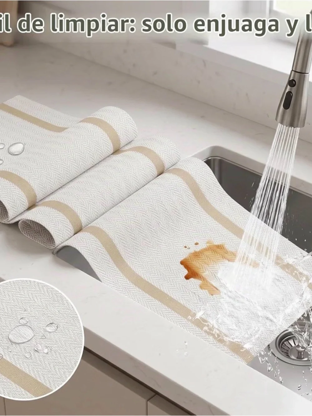 Elegant White Table Runner with Tan Stripe